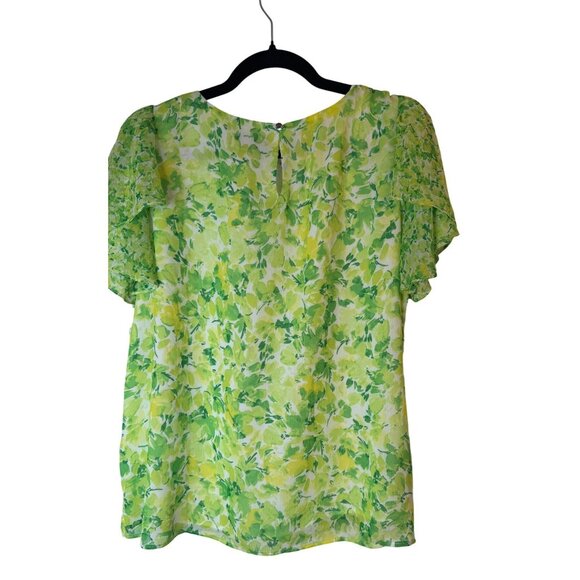 NWT Vince Camuto Large Floral Lime Green & Yellow Short Sleeve Blouse - Picture 2 of 13